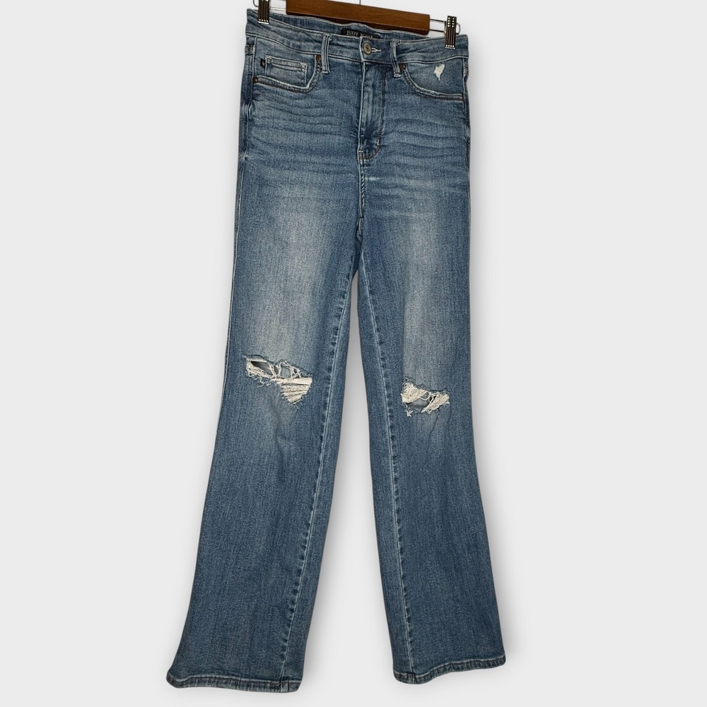 Judy Blue Straight Fit Stretch Jeans Distressed Knee Holes Long Size 7 28 31